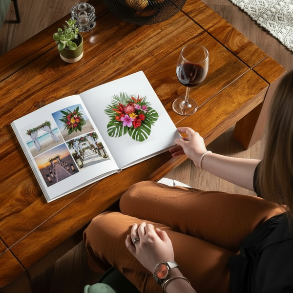Person sitting on a wooden floor with an open book featuring floral designs.