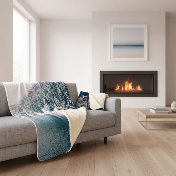 Folded blanket with nature print on a wooden surface