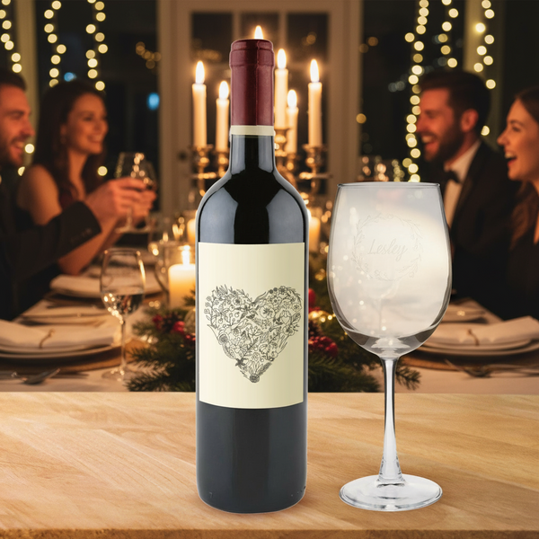 Wine bottle with decorative label on a table with people in the background