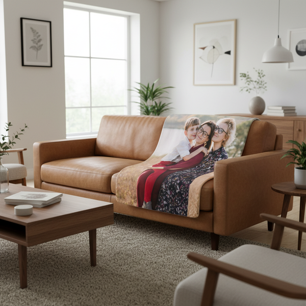 Personalized blanket on light brown leather couch in modern family room